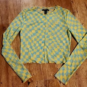 Forever 21 Yellow & Light Blue Checkerboard Crop Top